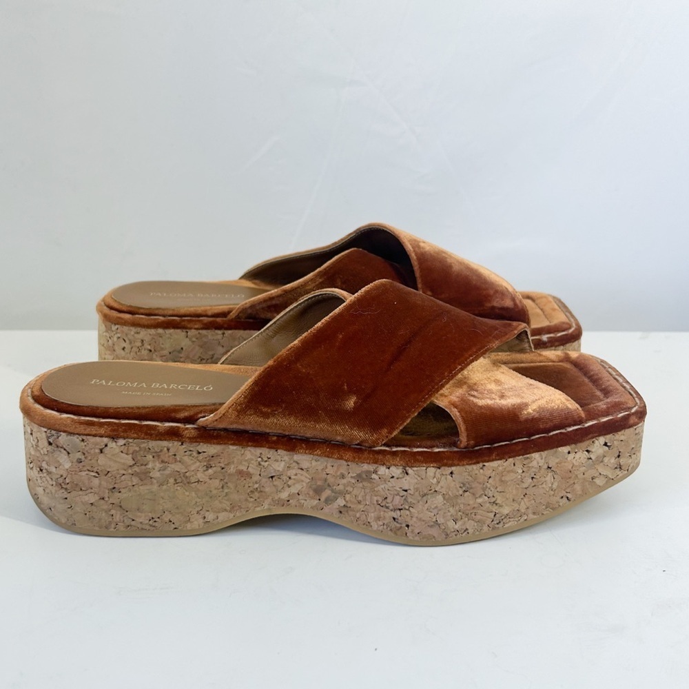 Paloma Barcelo Copper Velvet Cork Platform Sandals - Picture 2 of 7